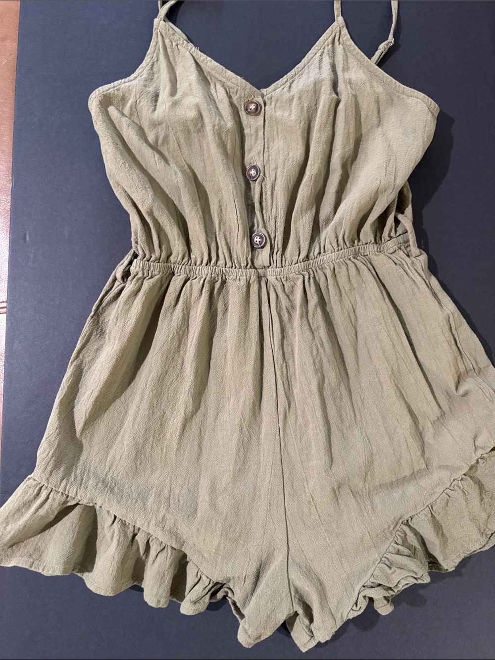 SHEIN Olive-Green Spaghetti-Strap Button Romper with Ruffle Hem